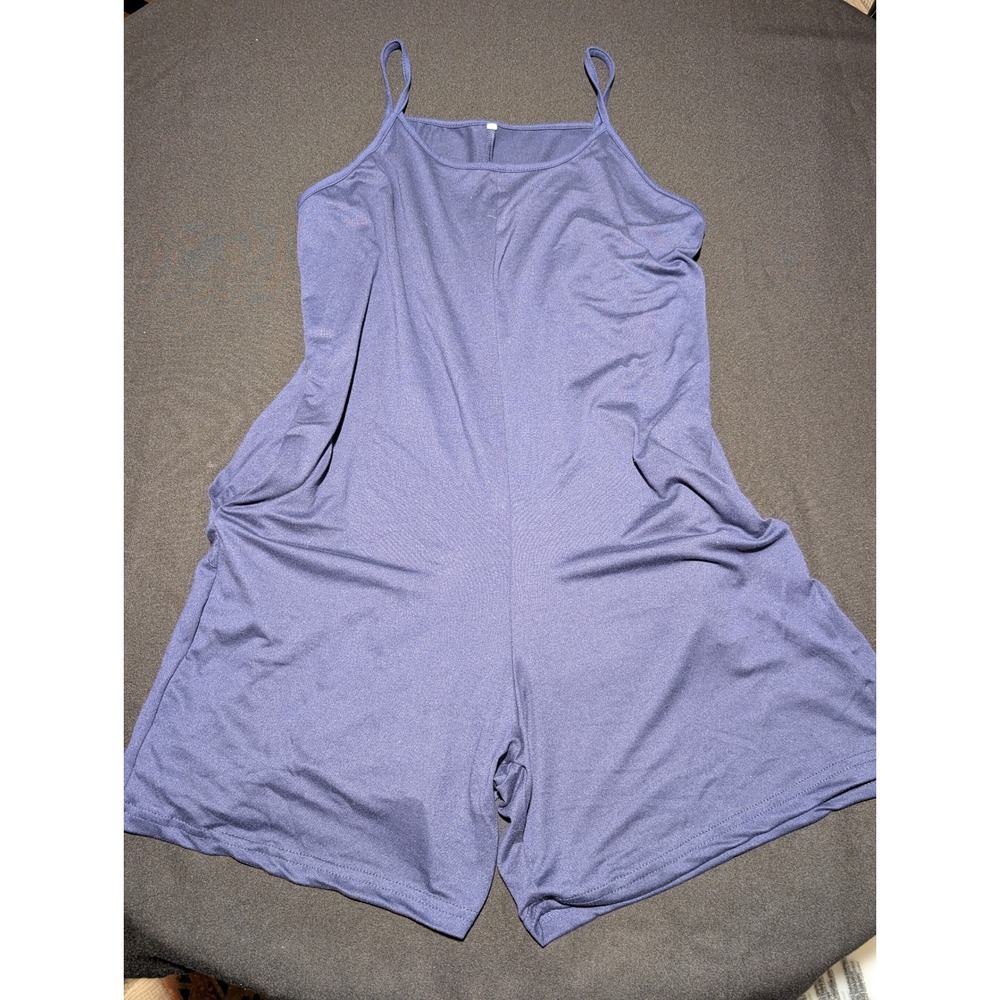 Navy Blue Spaghetti Strap Romper with Pockets Size Large Stretch Knit